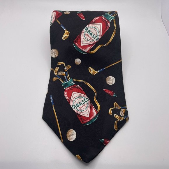 Tobasco Men’s Black Hot Sauce 100% Silk Golfing Tie Neckwear - Picture 1 of 4
